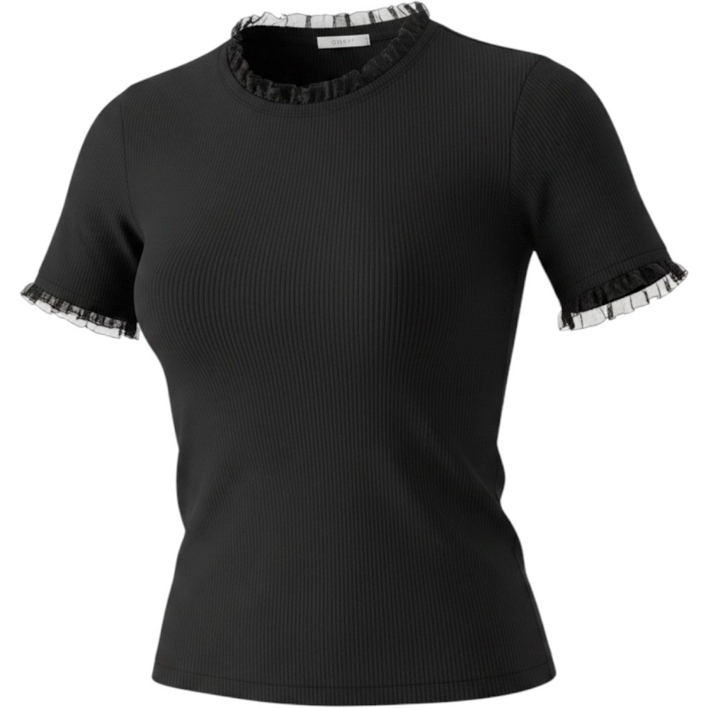 Dazy Ruffle Trim Ribbed Knit Short Sleeve Top Black Medium Slim Fit Scoop Neck